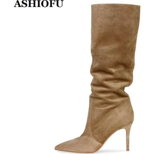 ASHIOFU Handmade New Style Ladies High Heel Boots Pleated Leather Pointy Sexy Party Prom Half Boots Large Size Evening Boots