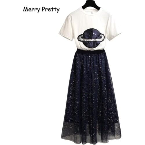 Merry Pretty Women Two Piece Sets Short Sleeve O-Neck Sequined T Shirts And Elastic Waist Mesh Pleated Skirts Mid-Calf Skirts