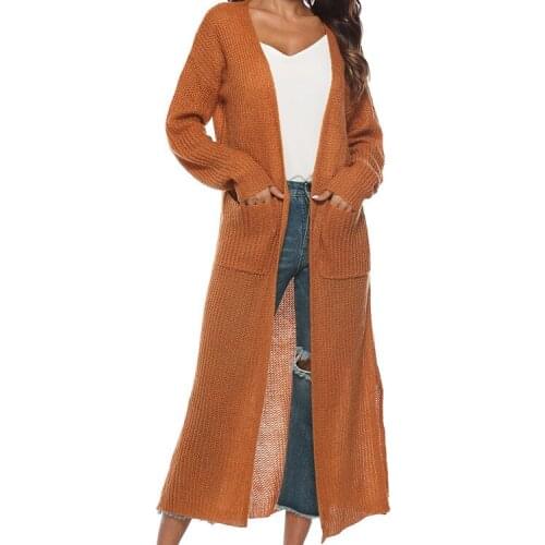 2021 New Women Long Cardigans Sweater Solid Long Sleeve Knitted Sweaters Open Front Pocket Casual Coats Autumn Thin Knit Sweater
