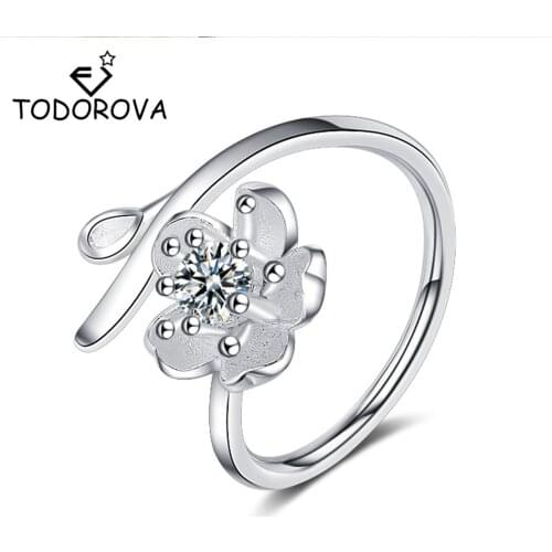 Todorova Female Luxurious Opening Cubic Zircon Ring Cherry Blossoms Flower Rings for Women Sweet Romantic Adjustable Size