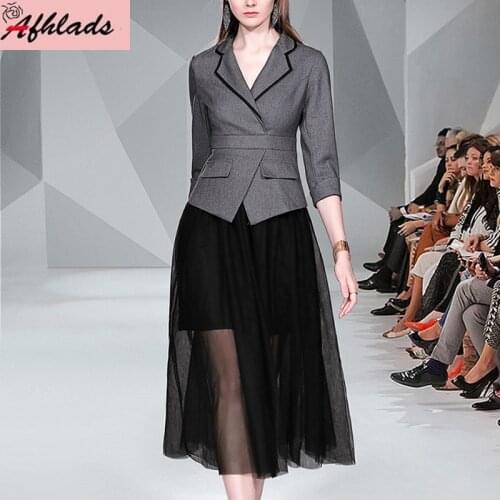 Spring And Autumn Womens New Notched Collar Stitching Mesh Fake Two Pieces Dress Office Lady Long Sleeve Vestidos