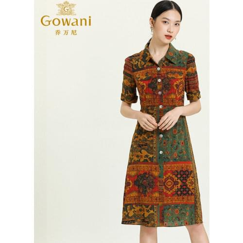 Gowani vintage ethnic patchwork printed silk short sleeve knee-length shirt dress