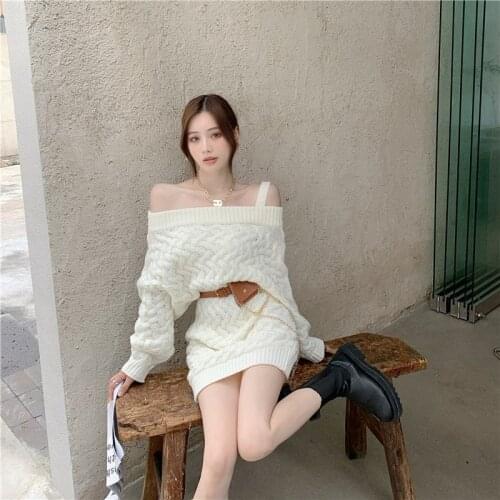 2021 Autumn and Winter New Womens Long-sleeved Wild Fashion Sexy One-word Collar Casual Loose Knitted Sweater Dress Y267