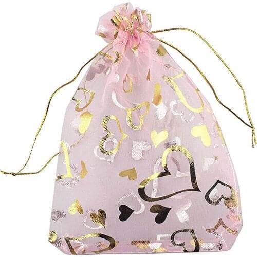 100 PCS 9X12cm Heart Printed Pink Organza Bags Jewelry Pouch Bags Organza Drawstring Pouches Wedding Favors Candy Gift Bags