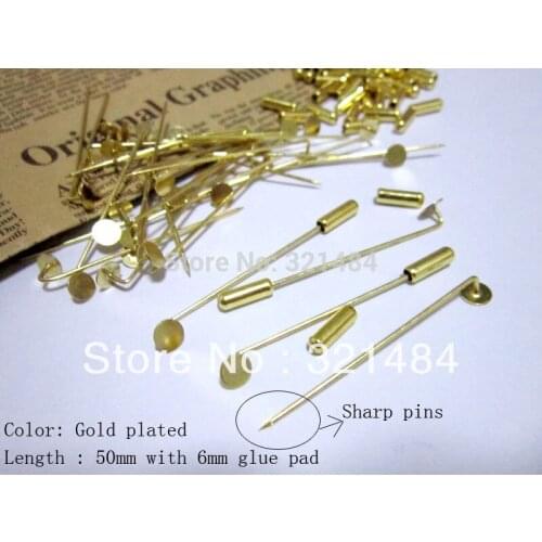 300pcs Gold Plated w/ 6mm glue pad 50mm stick khaleeji pins, muslim hijab pins safety scarf pins