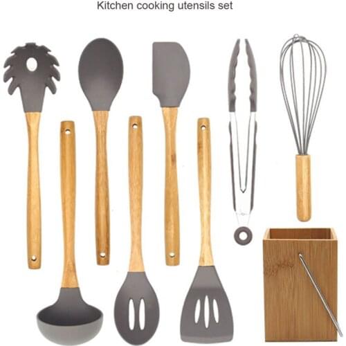 8/9PCS-Silicone Kitchen Cooking Utensils Set -Bamboo Handle Nonstick Spatula Kitchenware Gadget Set Kitchen Tools for Cooking