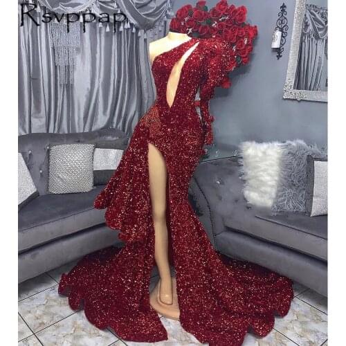 Sparkly Sequin Burgundy Mermaid Long Prom Dresses 2021 Sexy High Slit Cut-Out Front Single Long Sleeve Africa Style Prom Dress