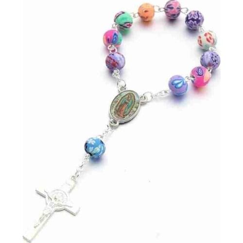 Catholic Rosary Cross Bracelet Colorful Beads Favor Christening Bracelets Baby Shower Girl Boy Baptism Souvenir Jesus Crucifix