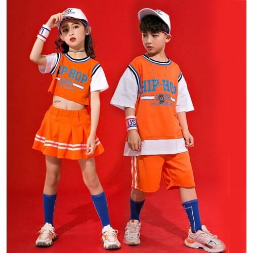 Children Girl Boy Hip Hop Jazz Costumes Street Dance Clothing Girls Ballroom Dance Wear Orange Top Skirt Sports Suit XS1491