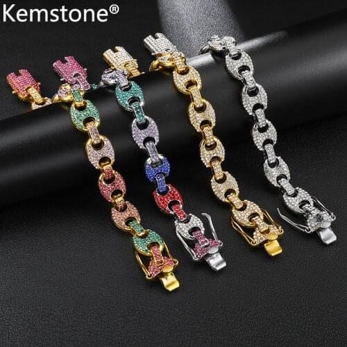 Kemstone Hip Hop Coffee Beans Pig Nose Shape Multicolor Zircon Chain Link Bracelet Necklace Gold Silver Plated Jewelry for Men