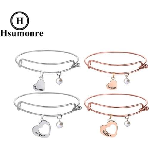 Mother Daughter Bangle Set Engraved Matching Heart Pendant Family Love Jewelry Gift Stainless Steel Silver Color Rose Gold Color