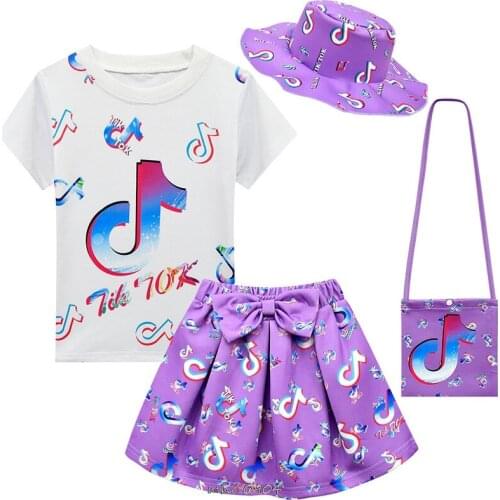 Tik Tok Hot Girls Clothes Sets Summer short sleeve top+Bow cartoon print skirt+Bag +Hat 4-piece kids Childrens Clothing Suit
