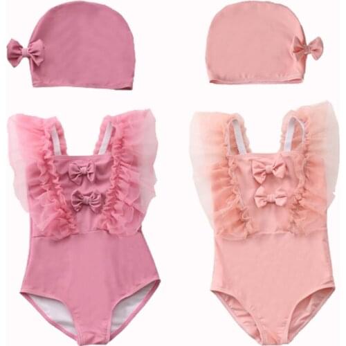 Swimsuit Girls 2021 Summer Pink Lace Sleeveless One piece Swimsuit And Hat Children Swimwear 0-6Y Kids Swimsuit For Girls