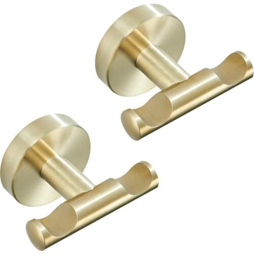 Leyden Two Coat Hook SUS 304 Stainless Steel, Double Brushed Gold Robe Towel Hanger Heavy Duty For Bathroom