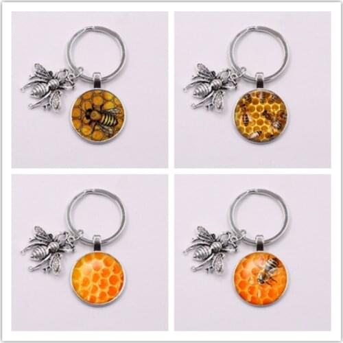 2020 Hot cute insect bee keychain geometric honeycomb bee 3D printed glass dome key ring chain bumblebee trinkets