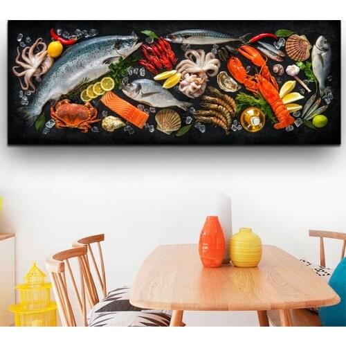 Kitchen Themed Wall Art Decor Fish and Seafood In Table Canvas Painting Posters and Prints Pictures for Dining Room