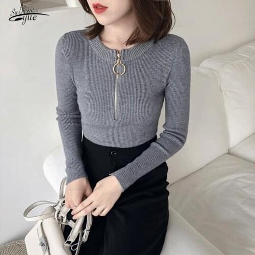 Autumn and winter round neck half zipper knitted sweater bottoming shirt womens long-sleeved slim slim pullover sweater 16356