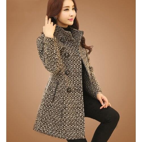 New Womens Wool Blends Coat Winter 2020 Autumn Fashion Elegant Mother Turtleneck Plaid Slim Long Tweed Woolen Outerwear Female