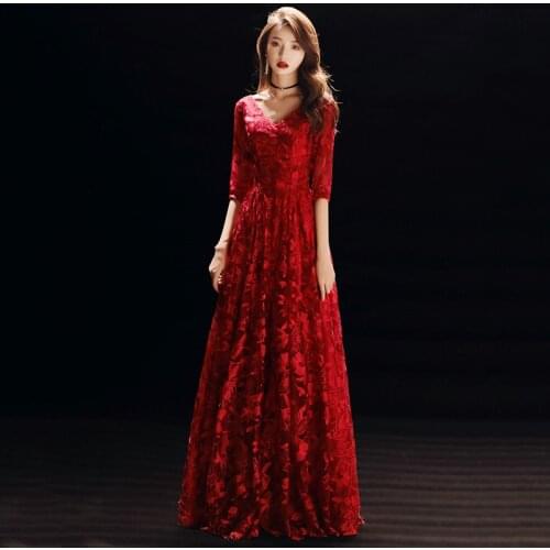 Special Occasion Dresses V-Neck A-Line Luxurious Half Sleeves Floral Print Floor-Length Burgundy Lady Formal Party Gown E1079