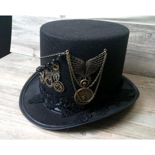 Handmade Steampunk Retro Vintage Top Hat Gothic Wool Victorian Hats With Gears Lace Wings Chain Party Accessories
