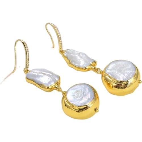 JK Natural White Baroque Biwa Pearl Coin Pearl Gold Plated Drop Stud Earrings CZ Hook