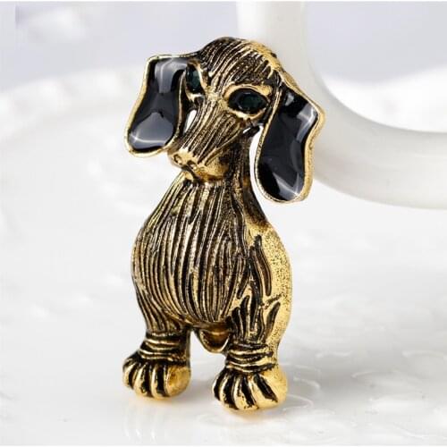 Cute Small Rhinestone Bronze Metal Cartoon Dog Brooch Women Antique Golden Enamel Sausage Corgi Dog Pins Jewelry Gifts Unisex