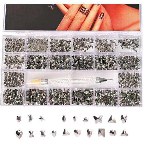 1 Pack 20 * 50 pcs Crystal Nail Art Rhinestone 21 GRID BOX 2/Gold/Silver Multi-size Nail Rhinestones 3D Crystal Nail Stone,56