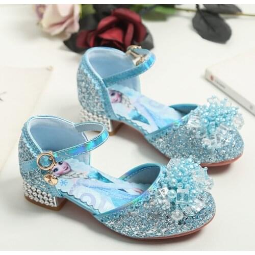 Disneys new Frozen high-heeled shoes crystal flower girl leather shoes elsa sequins catwalk show childrens casual shoes