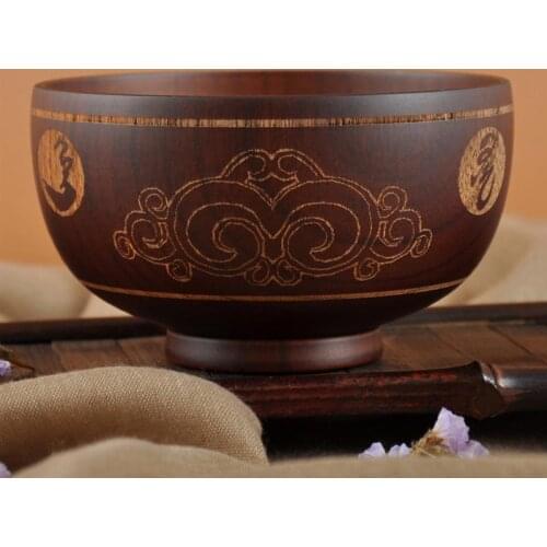 Vintage Wooden Bowl Carving Pattern Fruit Salad Bowl Noodle Rice Soup Bowl Craft Decoration Kitchen Utensil Tableware