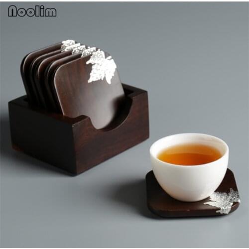 Japanese Ebony Wood Square Round Tea Saucer Wooden Coasters Kitchen Heat Insulation Cup Pads Mug Mats Retro Placemats Tea Set
