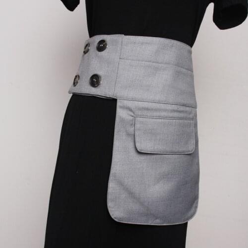 Women Cummerbunds Pocket Waist Cover Dress Adornment Shirt Retro Ultra Wide Wear Fashion Versatile Black Cloth Belt Button
