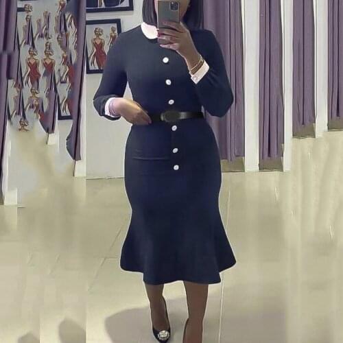 Elegant Office Lady Dress African Dresses Solid Bodycon Mermaid Button High Waisted Mid Calf Fashion Business Dress Midi 2021 ol