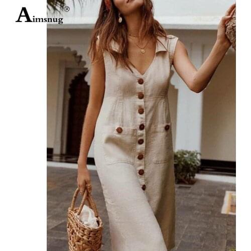 2020 Summer Ladies Elegant V-neck Single-Breasted Dress Sleeveless Casual Linen Dresses Plus size 5xl Women Knee-Length Dress