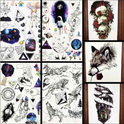 Watercolor Temporary Tattoo Stickers Women Fashion Body Art Planet Waterproof Tatoos Black Animal Men Arm Moon Fake Tattoo Paste