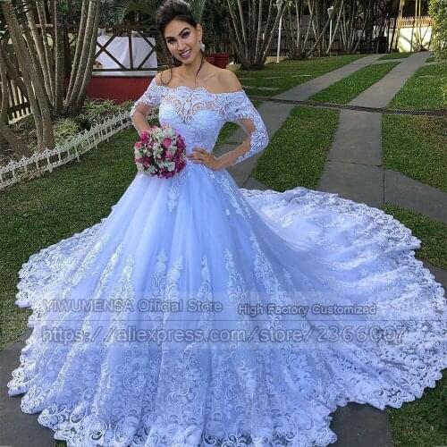 Pure White Boat Neck Princess Ball Gown Bridal Long Sleeves Lace Tulle Luxury Appliques Wedding Dresses 2021 Vestidos De Novias