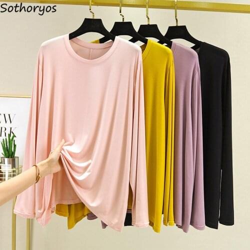 Modal Basic O-neck Sleep Tops Women Autumn Stretchy Loose Simple Nightwear Clothing Female Chic Tees Leisure Tender Stylish Soft