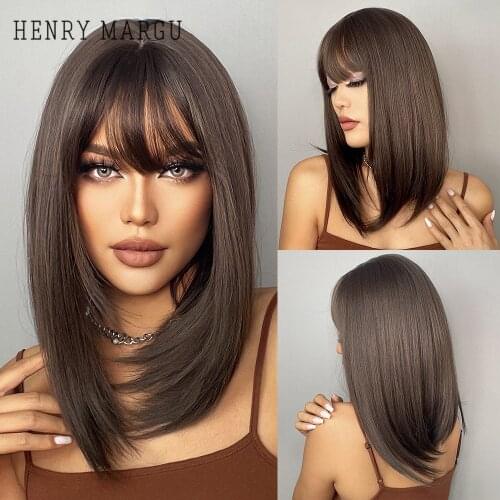 HENRY MARGU Long Synthetic Bob Wigs with Bangs Straight Dark Brown Layered Wigs for Women Natural Cosplay Heat Resistant Wigs