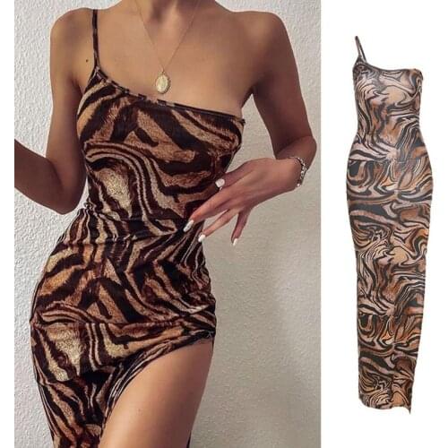 Women Sexy One Shoulder Bodycon Maxi Long Dress Bohemian Tiger Striped Print High Split Package Hip Spaghetti Strap Beach Party