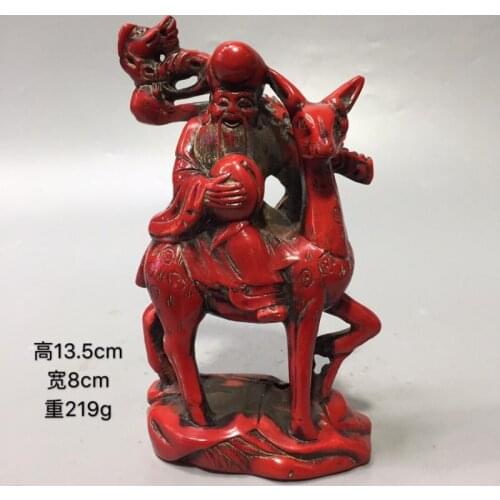 China old Beijing old goods Red coral carving Birthday star longevity elderly Deer riding statue