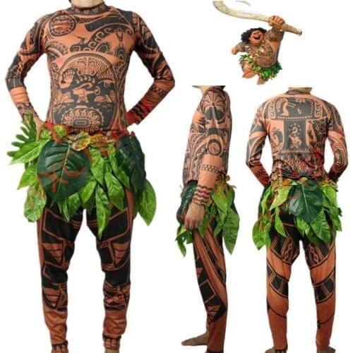 Moana Maui Tattoo T Shirt+Pants Halloween Adult Men Women Cosplay Costumes With Leaves Decor Blattern 3Pcs Halloween Kid Cosplay