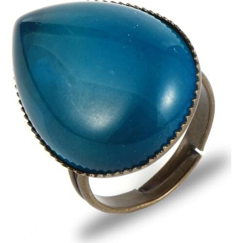Men Women Natural Stone Blue Onyx Ring Water Drop Gem Tiger Eye Tanglin Crystal Antique Bronze Resizable Finger Rings Jewelry