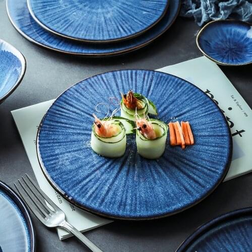NEW Klin Glaze Blue Color Ceramic Tableware Flat Plate Steak Cake Dish Plate