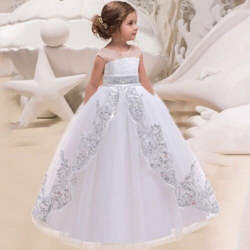 White Long Bridesmaid Kids Clothes For Girls Sequin Gown Party Wedding Clothing Girl Clothing Princess Dress 4 10 12 Years
