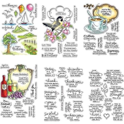 Clear StampsTree Balloon Bird Flower Wine Coffee Blessing Series Of Phrases Silicone Stamp Scrapbooking Craft Embossing Cards