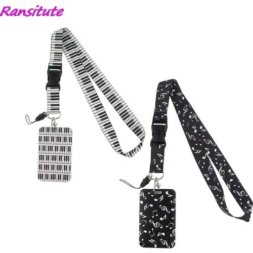 Ransitute R1506 Black And White Keys Note Lanyard Credit Card ID Holder Bag Student Travel Bank Bus Business Card Cover Badge