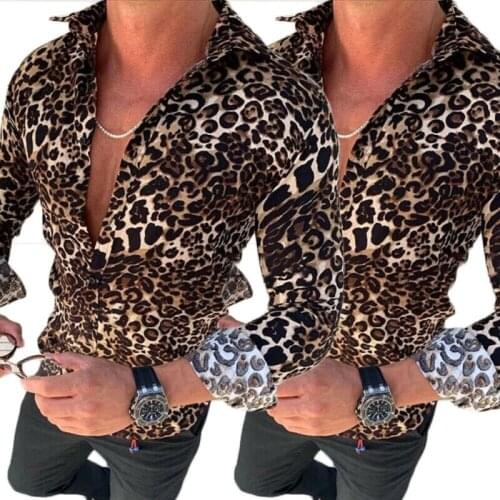 Hot Sale Mens Long Sleeve Shirt Autumn Spring Casual Cool Slim Fit Casual Lapel Shirts Tops Male Leopard Plus Size Blouse M-3XL