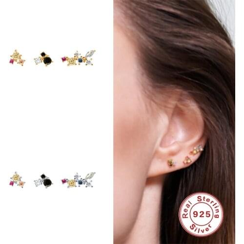 GS 925 Sterling Silver Colorful Three Zircon Stud Earrings For Women Simple Piercing Ohrringe Pendientes Fine Jewelry 3PCs/set