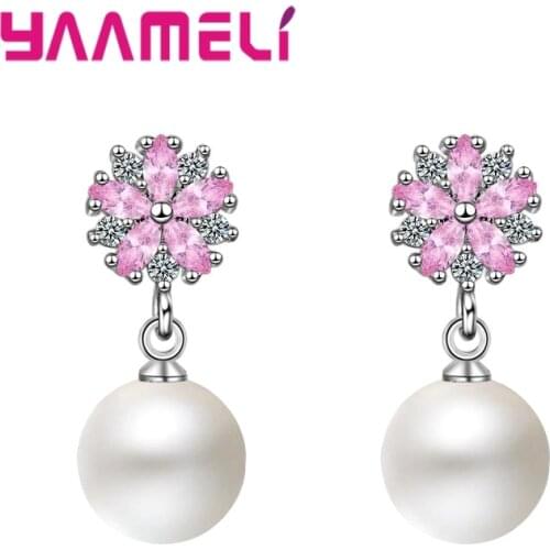 Earrings with White Round Cubic Zirconia 925 Sterling Silver Pink Petals Shaped Summer Hot Sale Surprise Birthday Gift