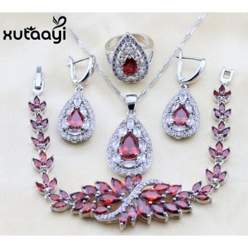 XUTAAYI 4PCS Top Quality Silver color Overlay Jewelry Sets Red Created Garnet Super Wedding Necklace/Rings/Earrings/Bracelet