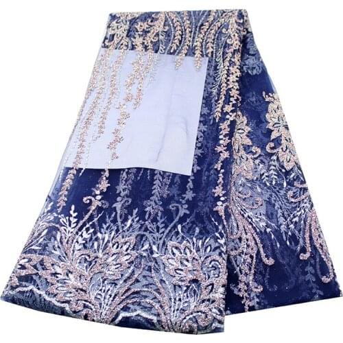 Navy Blue African Net Floral Lace Guipure French Sequin Rhinestone Fabric Glitter Tulle Swiss Voile for Sewing Party Dresses New